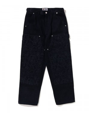 Bape Line Patch Denim Double Knee Työ Miesten Farkut Laivastonsininen Sininen | BZT-618593