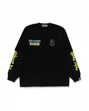 Bape Lux Urheilu Pattern Oversized Double Long Sleeve Miesten T Paidat Mustat | YNC-629701