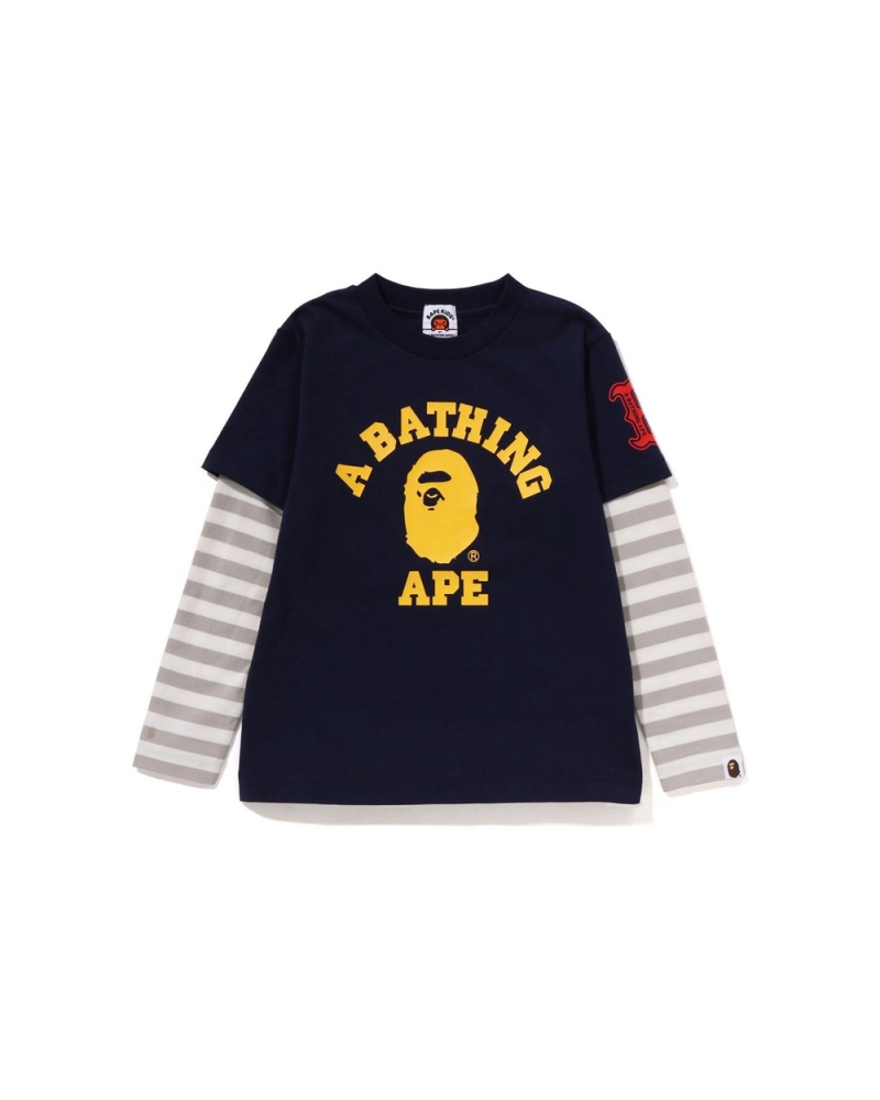 Bape College Multi Logo Layered L/S Lasten Topit Laivastonsininen Sininen | WZI-492057